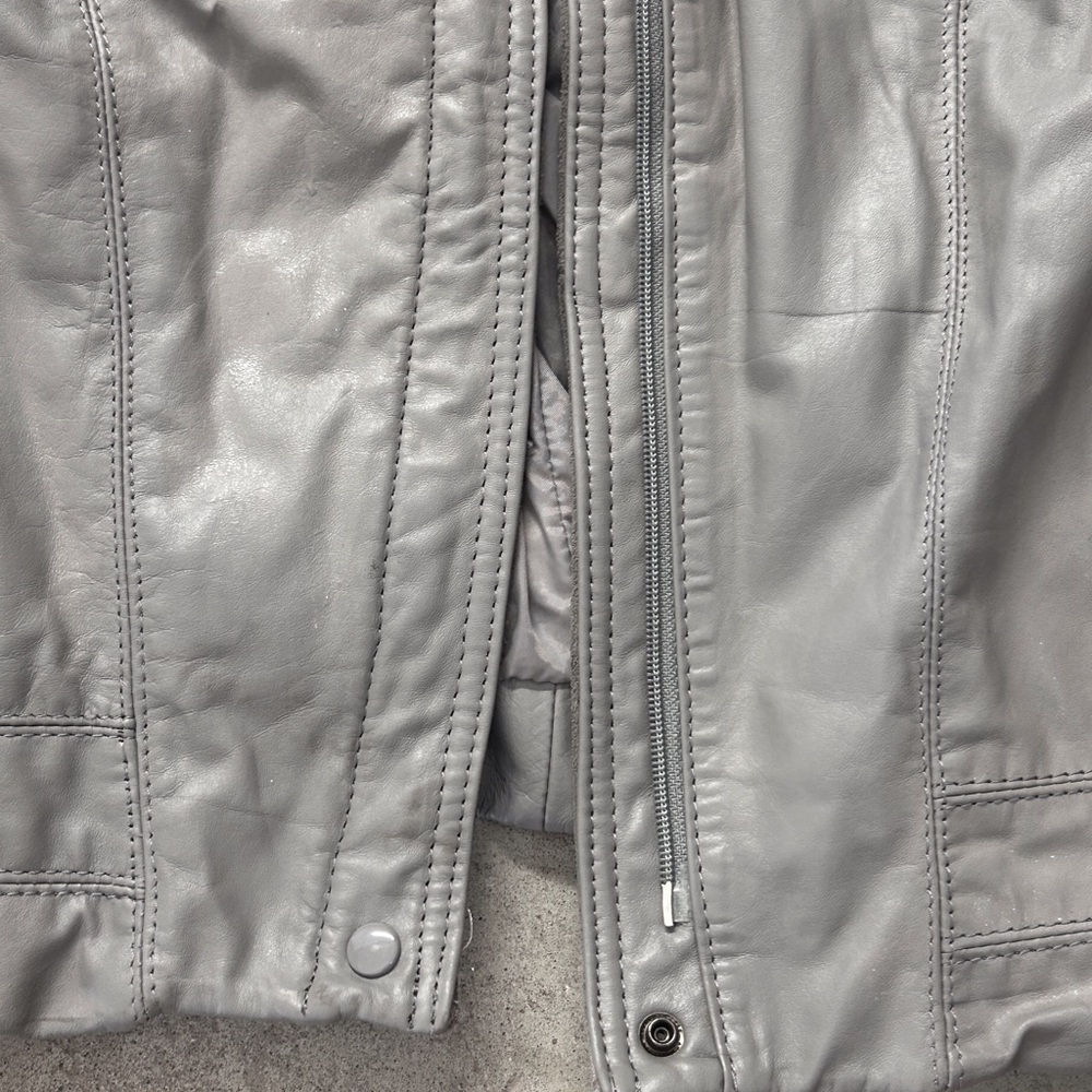 Gray Leather Jacket with Stand-Up Collar and Full-Length Zipper - Picture 8 of 11
